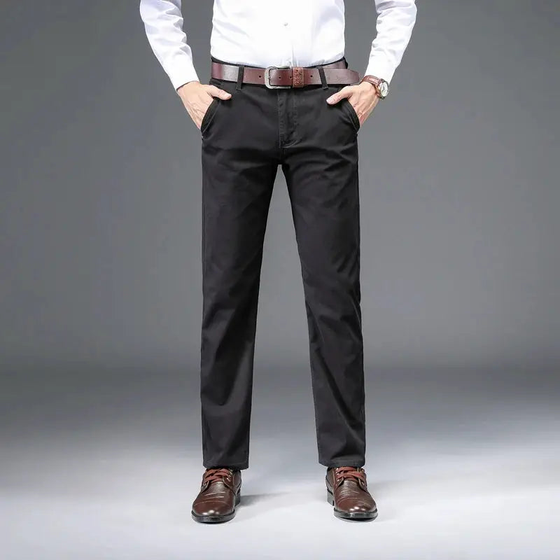 Men's black straight-leg pants, 97% cotton, business casual trousers