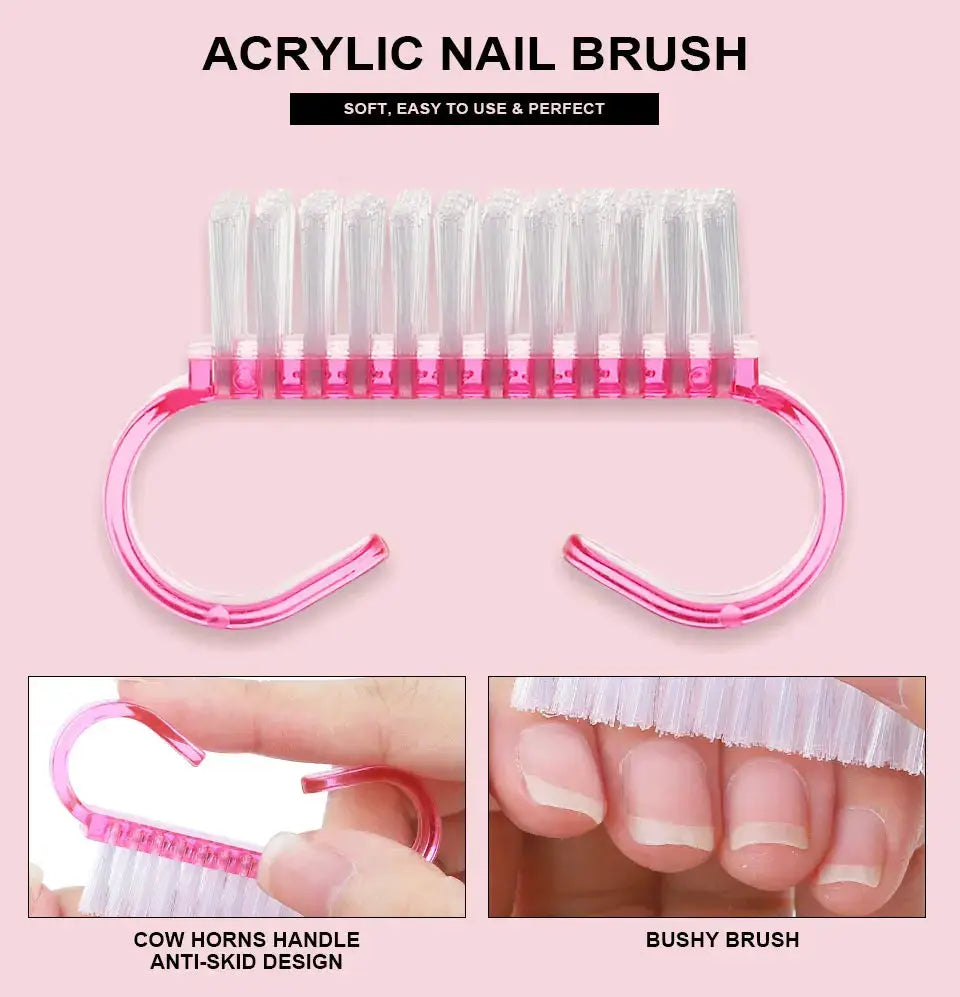 Acrylic nail brush set by Simples Market with pink curved anti-skid handle and clear bristles.