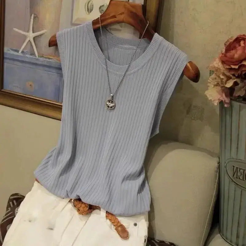 Korea Knitted Vests Women Top Lightweight Breathable High Stretch Polyester Knit For Summer Comfort