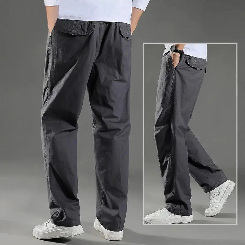 Men's cargo pants, charcoal gray cotton workwear with flap pockets, size 6XL