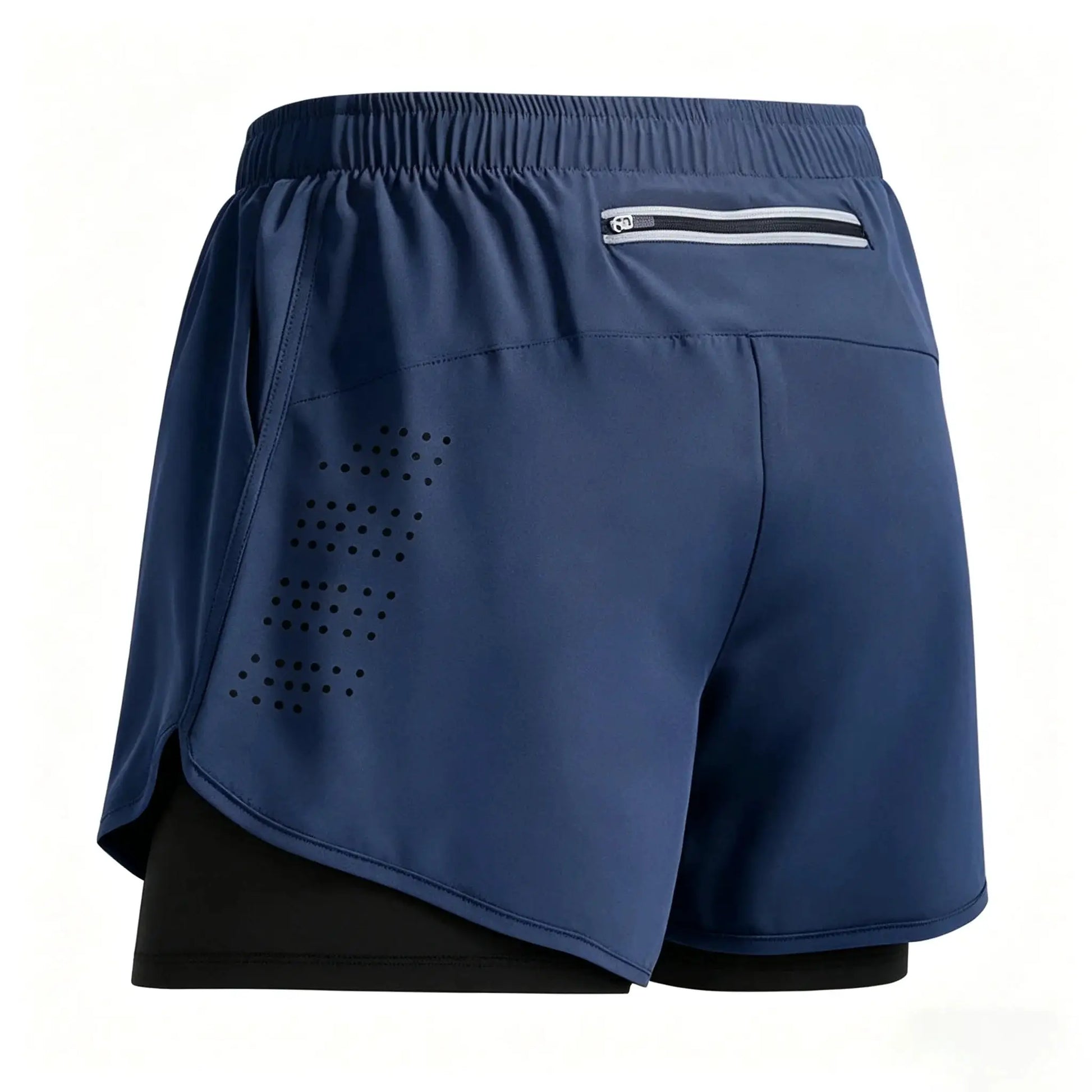 Men's 2-in-1 double-layer quick-drying shorts in navy with elastic waistband and zip pocket.