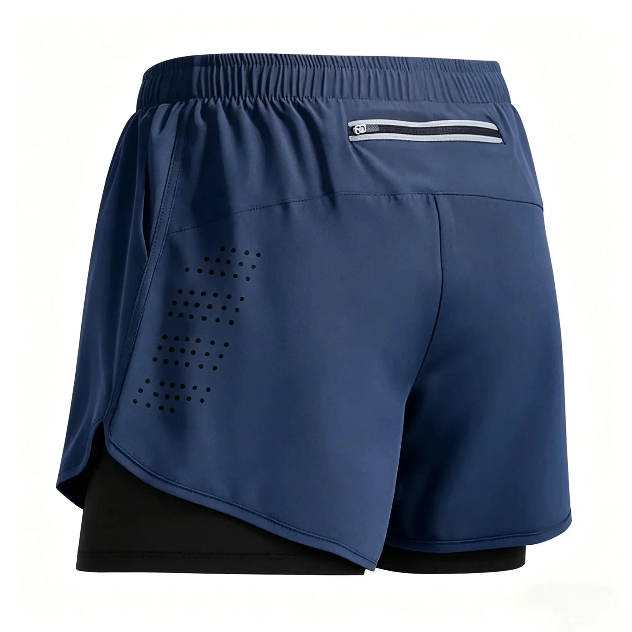 Men's 2-in-1 double-layer quick-drying shorts in navy with elastic waistband and zip pocket.