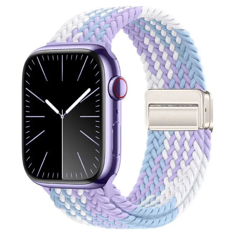 Braided nylon Apple Watch band by Simples Market in lavender, light blue and white with magnetic clasp