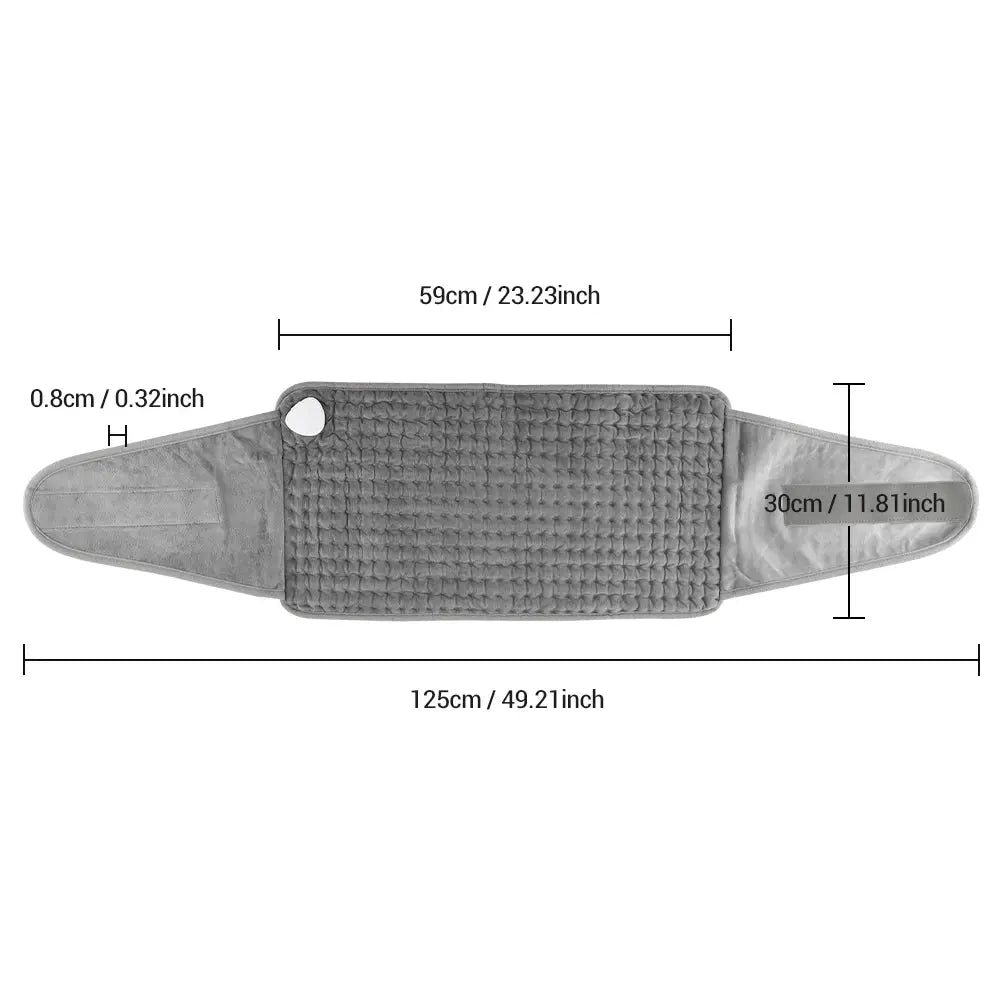 Back heating support belt in gray with lumbar pad; electric waist brace with adjustable temperature, 125 cm long