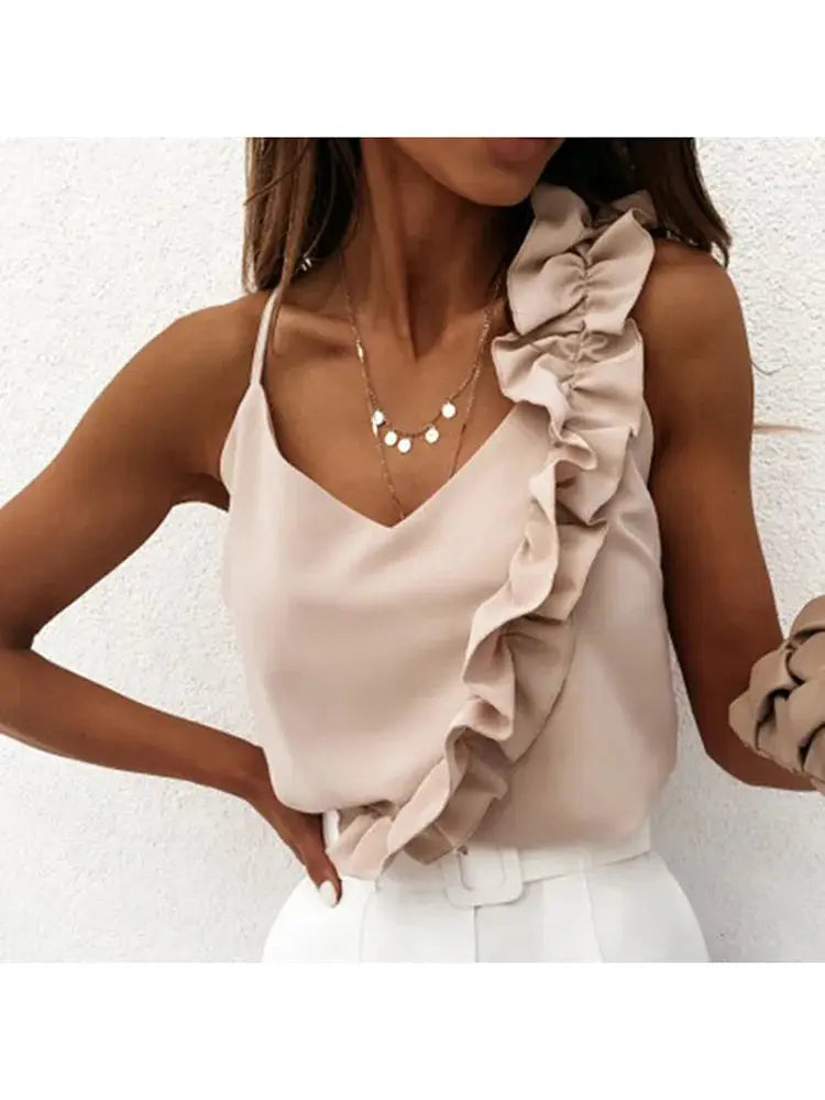 Beige women's V-neck blouse with spaghetti strap and one-shoulder ruffle detail