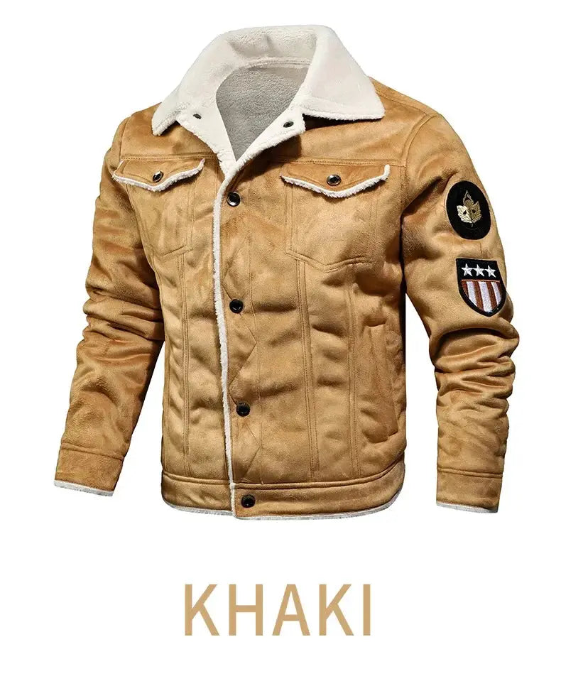 Khaki men's leather and fleece-lined jacket with sleeve patches
