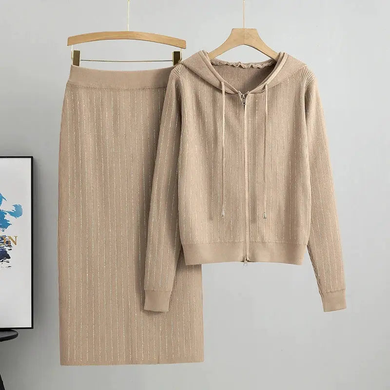 Two Piece Knit Cardigan And High Waisted Skirt Set With Diamond