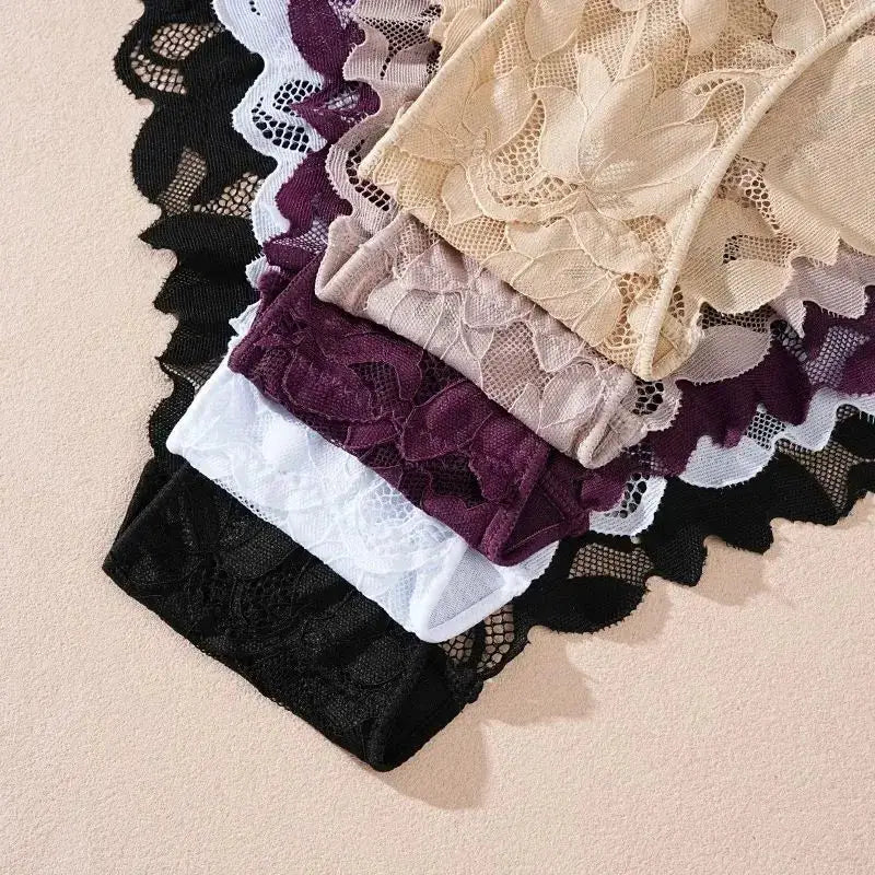 5-piece floral lace panties set for women in assorted colors; low-rise breathable briefs.