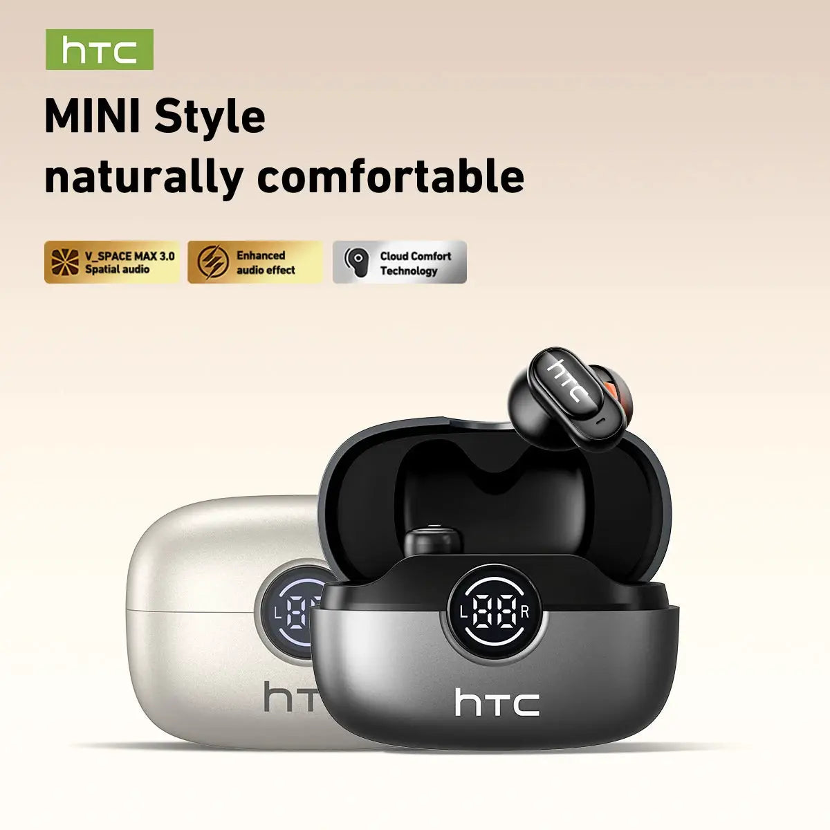 HTC NE79 wireless earbuds in open charging case with LED display; black buds, silver case