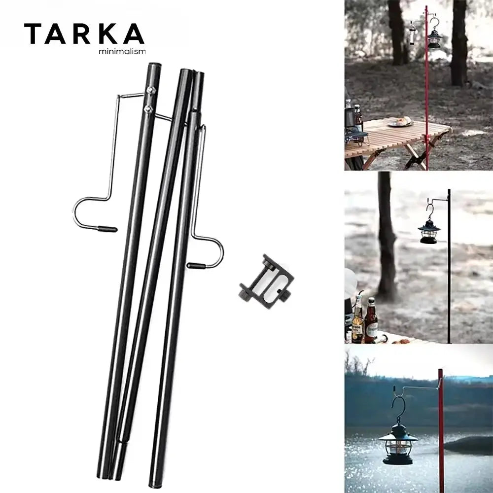 TARKA light stand with detachable hanger; black ultralight poles with curved hooks and clamp for camping lanterns