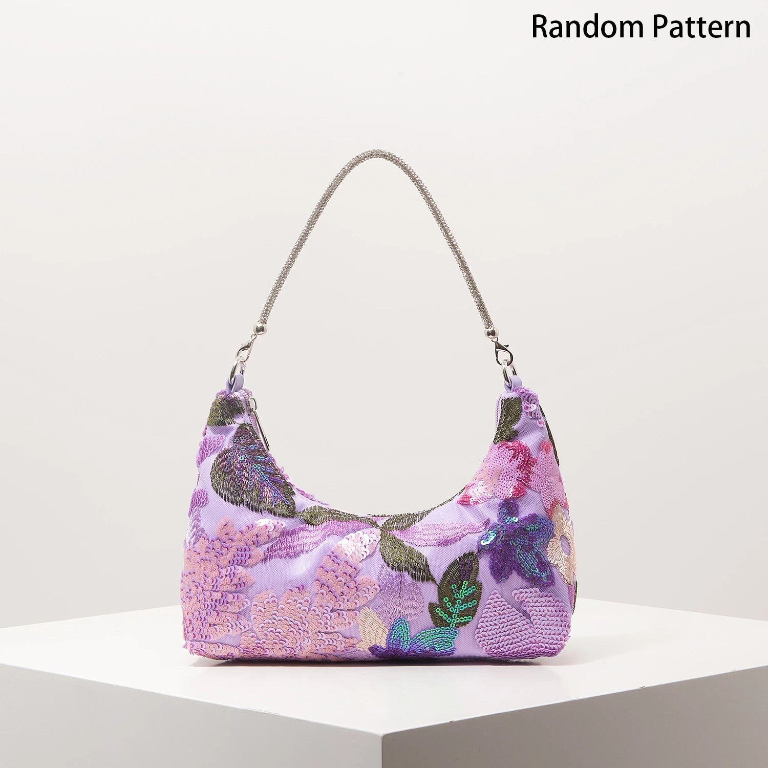 Shoulder bag with purple floral sequin embroidery and glitter chain strap by Simples Market