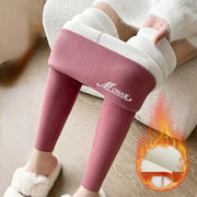 Winter cashmere leggings for women, burgundy high-waist warm slim-fit pants with velvet fleece; MONAIE logo on cuff.
