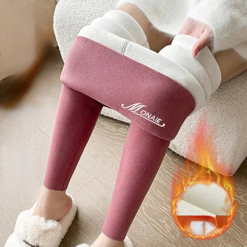 Winter cashmere leggings for women, burgundy high-waist warm slim-fit pants with velvet fleece; MONAIE logo on cuff.
