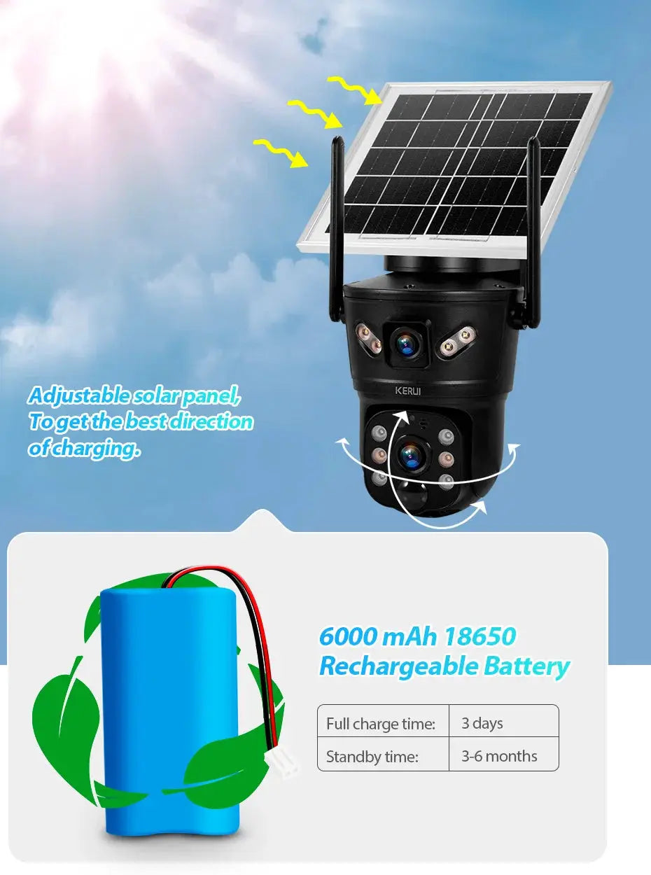 KERUI outdoor solar security camera with adjustable panel and dual lens, 4G/WiFi, 6000mAh battery