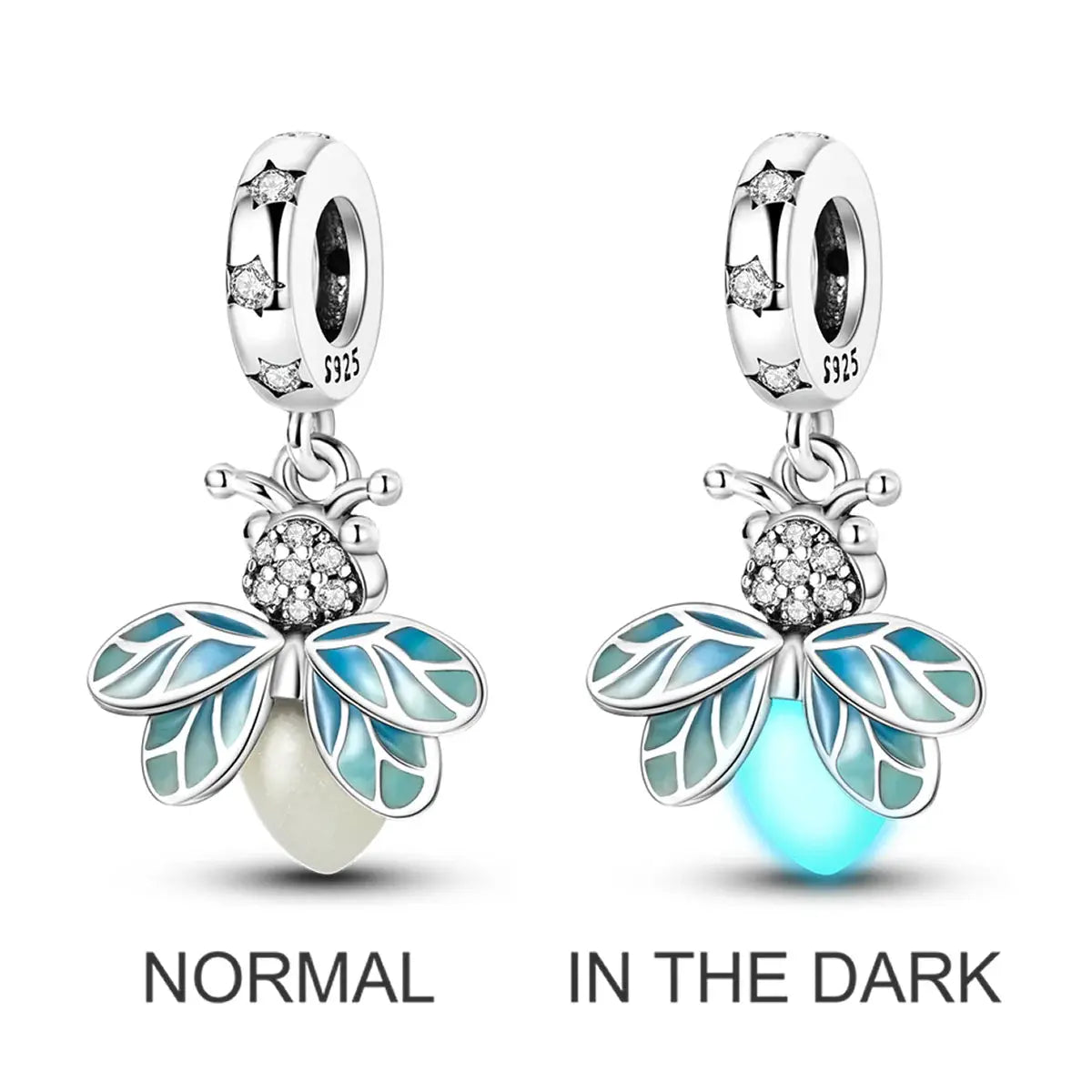 925 Sterling Silver Charms Bead Pink Butterfly Luminous Firefly Dangle Fit Bangle Bracelet Necklace DIY Jewelry