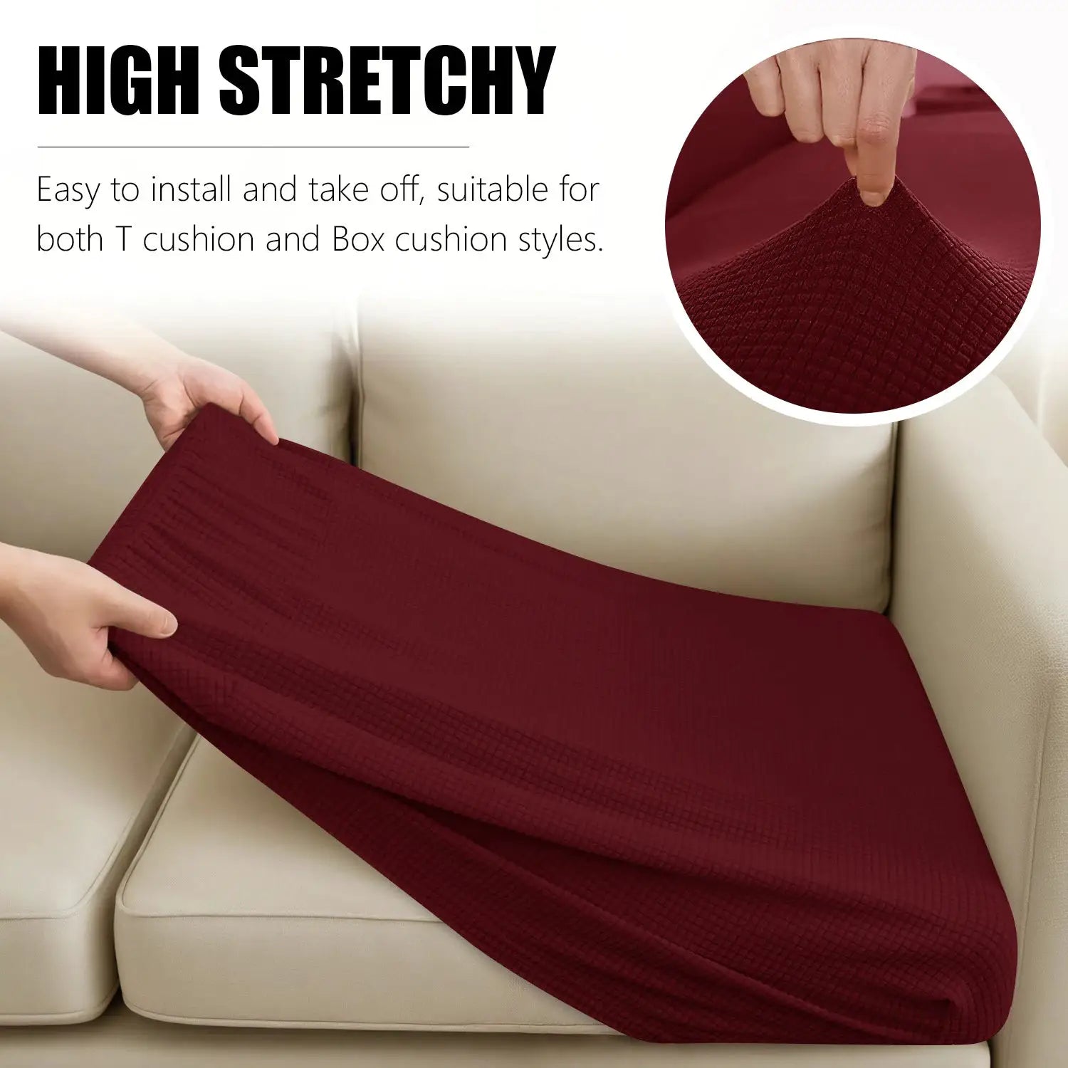 Sofa cushion slipcover in burgundy jacquard, stretched over a beige couch with a textured weave close-up.