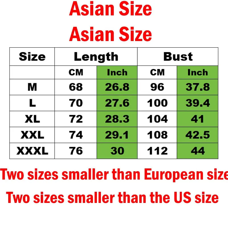 Mannen bodybuilding tank top size chart showing Asian sizes, length and bust measurements