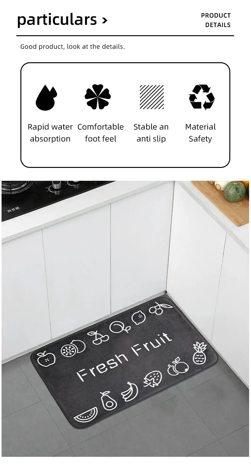 Kitchen mat by Simples Market, 1-piece, dark gray with white Fresh Fruit motif, anti-slip moisture-absorbent
