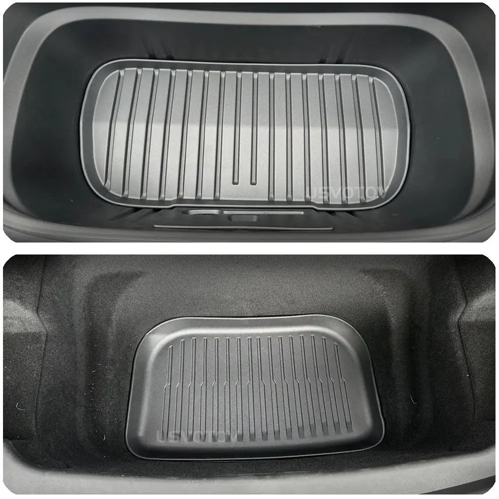 USVOTOV floor mats for Tesla Model Y Juniper; two mats (front and cargo) in gray TPE with ribbed texture