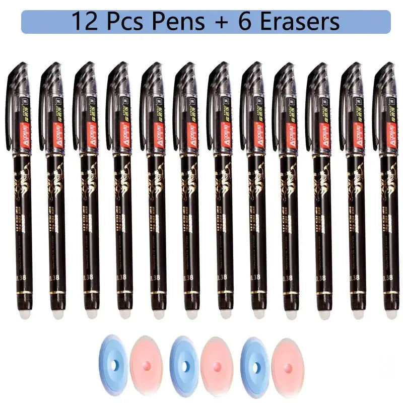 Simples Market 12 erasable gel pens with gold accents and 6 pastel erasers