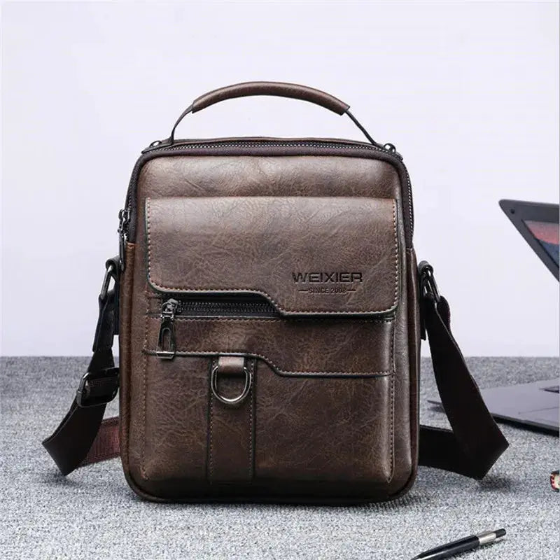 Men's brown leather crossbody shoulder bag with front zip pocket and D-ring, WEIXIER