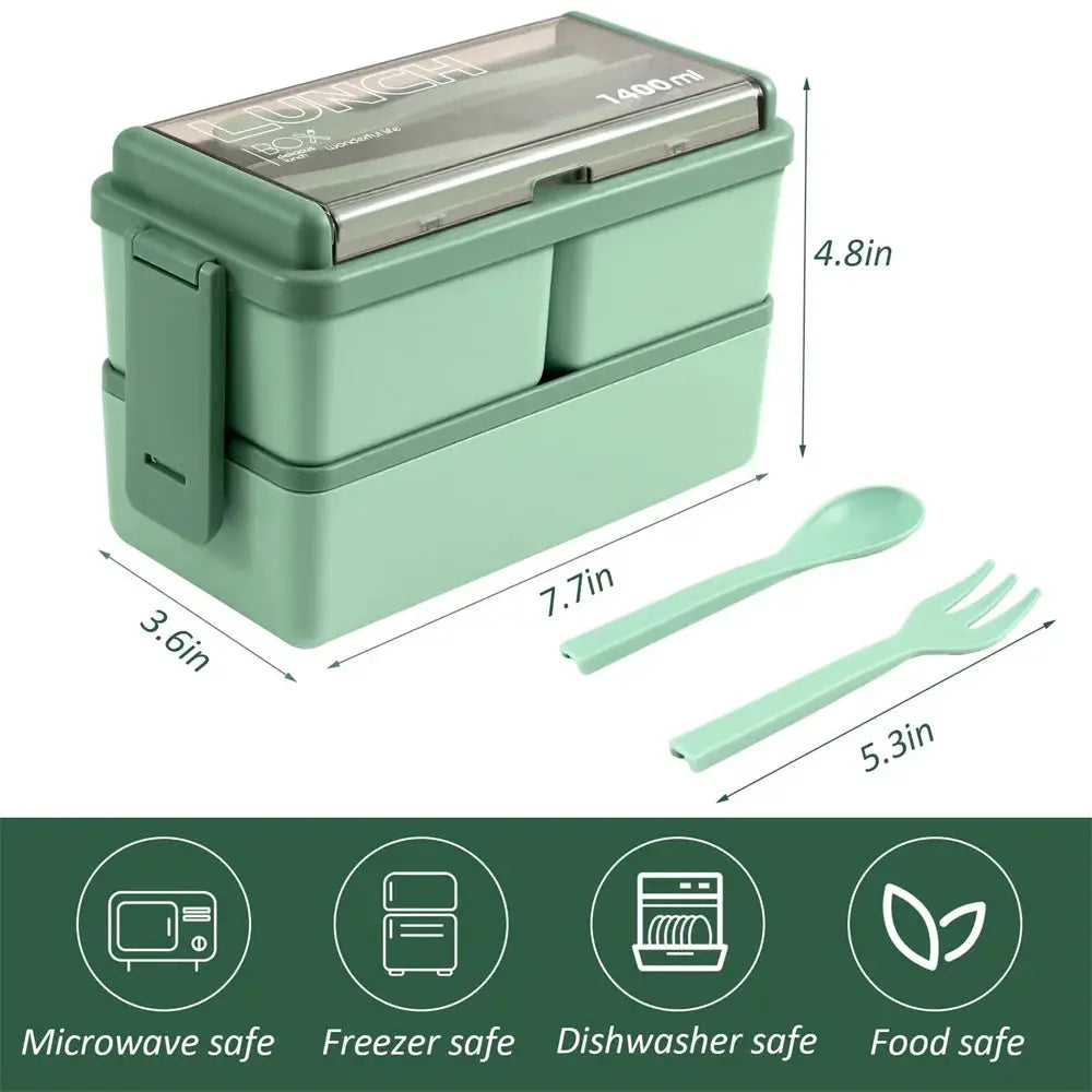 Portable Double Layer Lunch Box For Kids With Fork And Spoon Microwave Safe Bento Box Food Storage Container