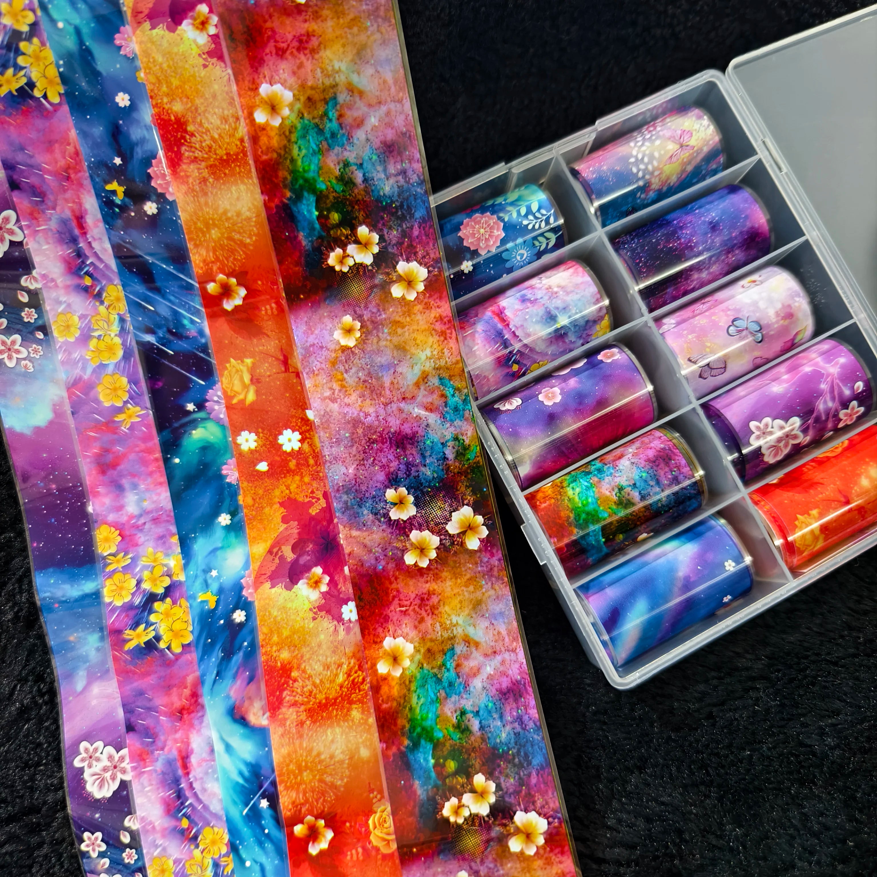 Nail foils set by Simples Market: 10 rolls of Halloween floral plaid marble bow designs