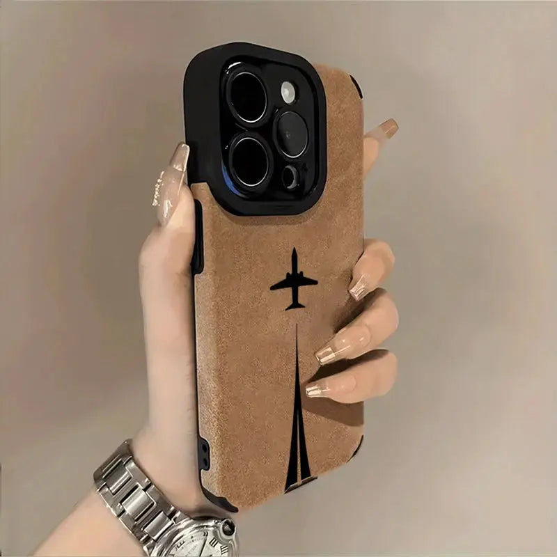 Luxury brown matte leather silicone case for iPhone by Simples Market with lens protection and airplane logo