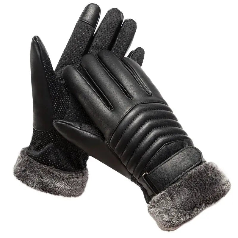 Men's Winter Gloves Fur Mouth Plush Insulation Outdoor Cycling Motorcycle PU Touch Screen Cotton Gloves