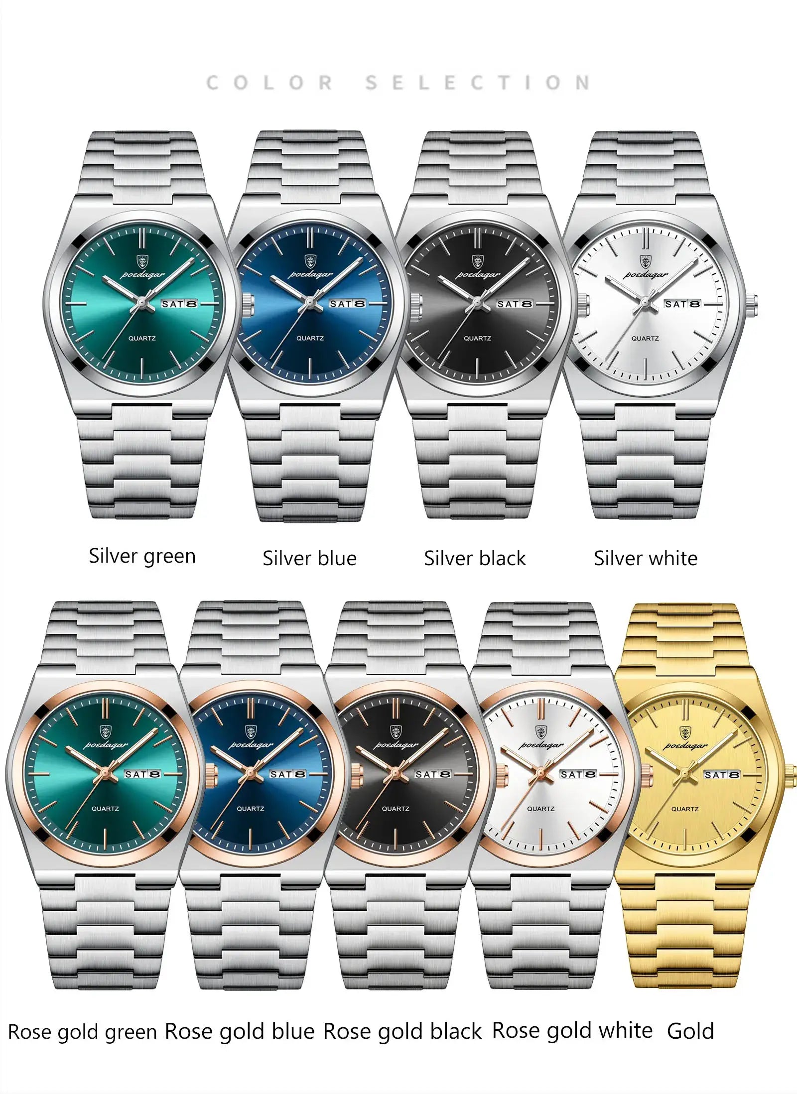 POEDAGAR men's quartz wristwatches in stainless steel; 9 color variants with day-date window