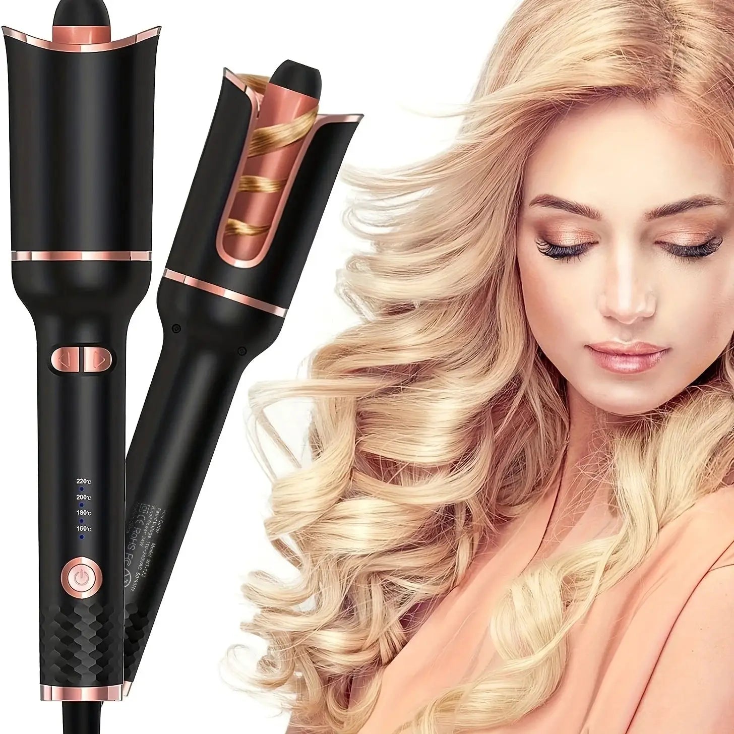 Automatic hair curler by Simples Market, ceramic rotating wand with black body and rose-gold accents