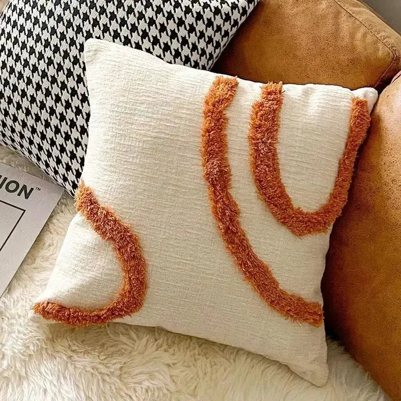 Bohemian geometry-embroidered long pillow cover in white with orange plush tassel lines, Simples Market