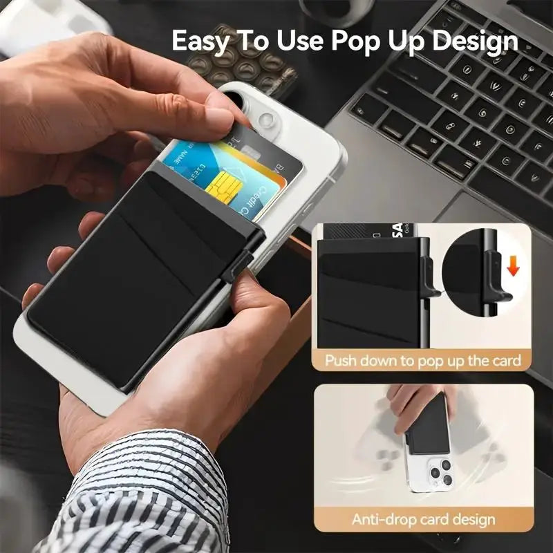 Simples Market slim pop-up card holder for phones, black RFID-blocking magnetic wallet with auto pop-up design
