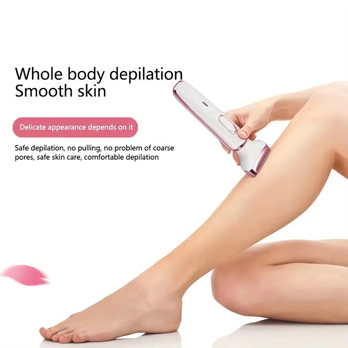 HOMEFISH 4-in-1 cordless lady shaver and epilator in pink and white, shown on a leg for smooth skin