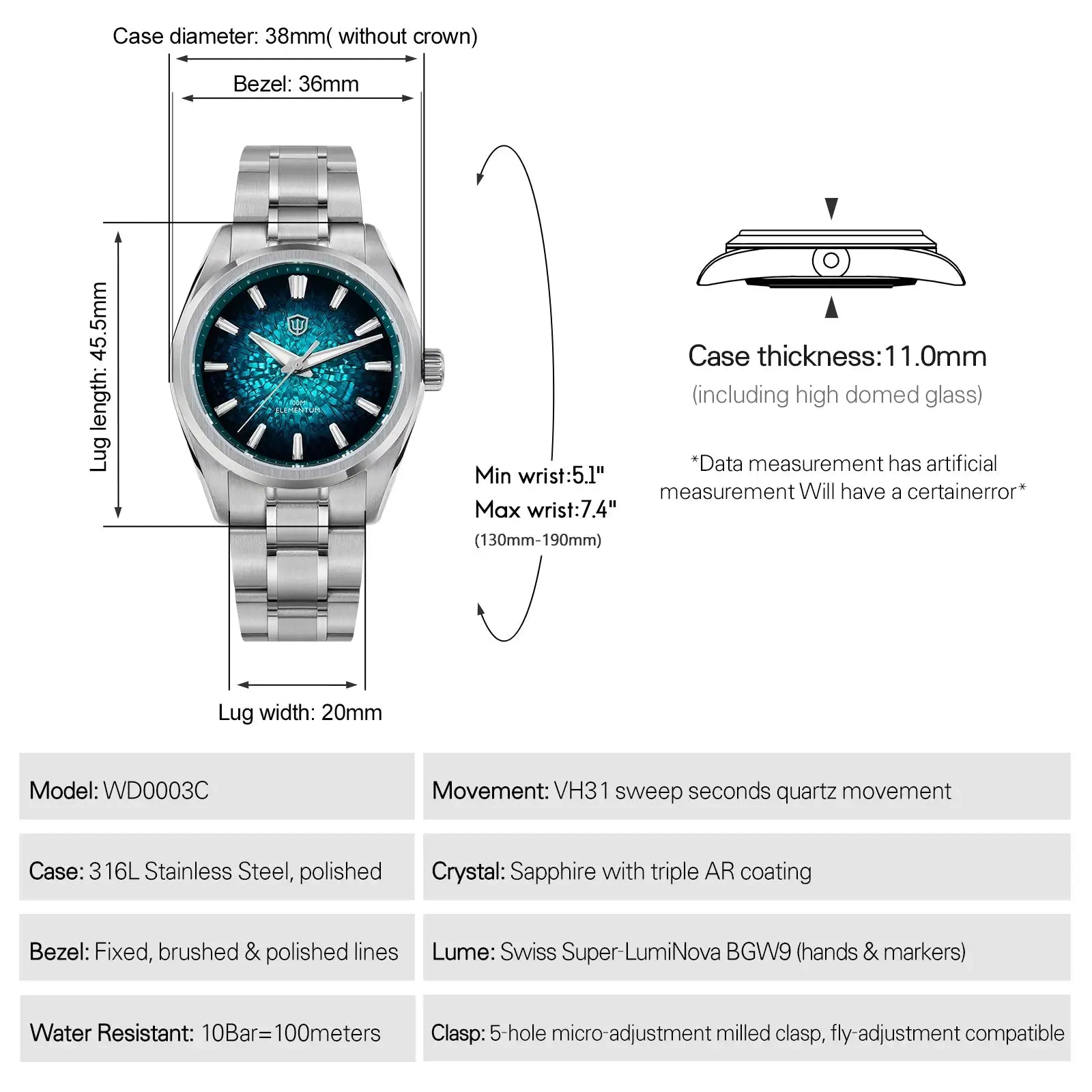Simples Market WD0003C watch; quartz, 38mm stainless case, blue ice-crack dial, luminous hands, 100m water resistant