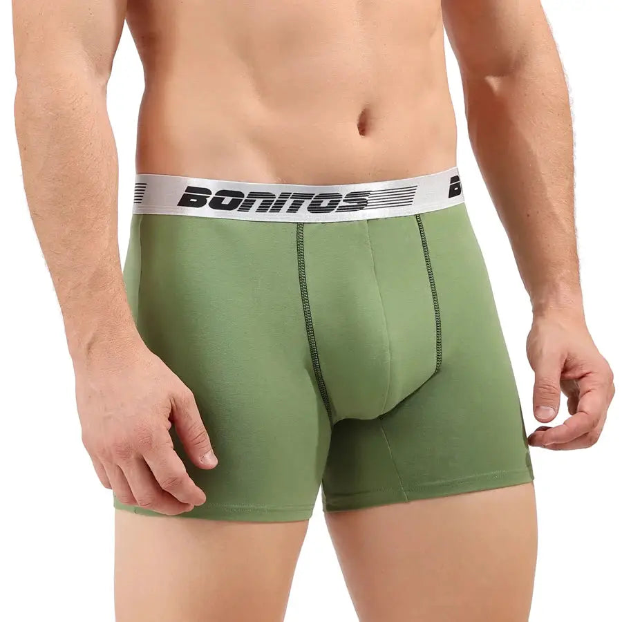 Men's green cotton boxer shorts with white elastic waistband branded BONITOS.