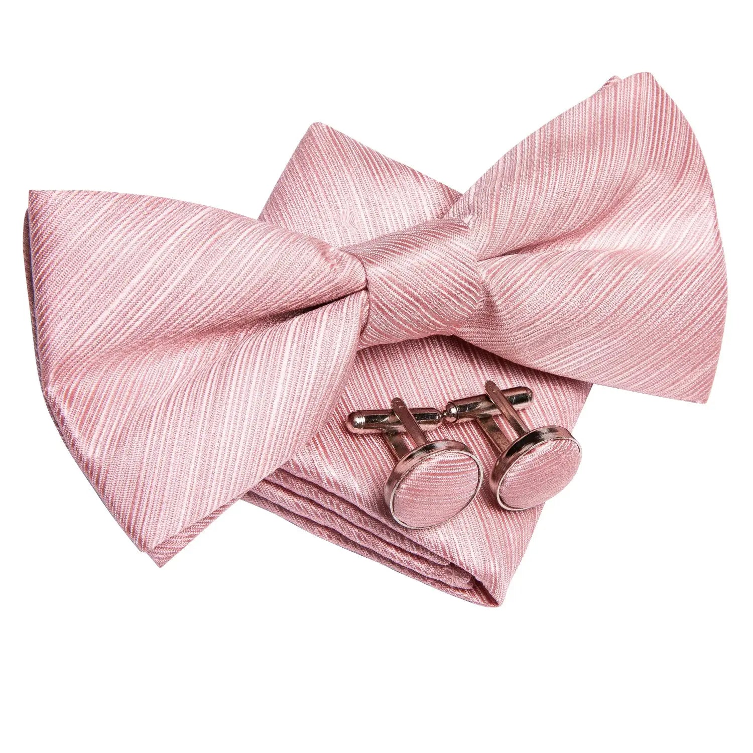 Men's pink striped bow tie and cufflinks set for formal occasions.