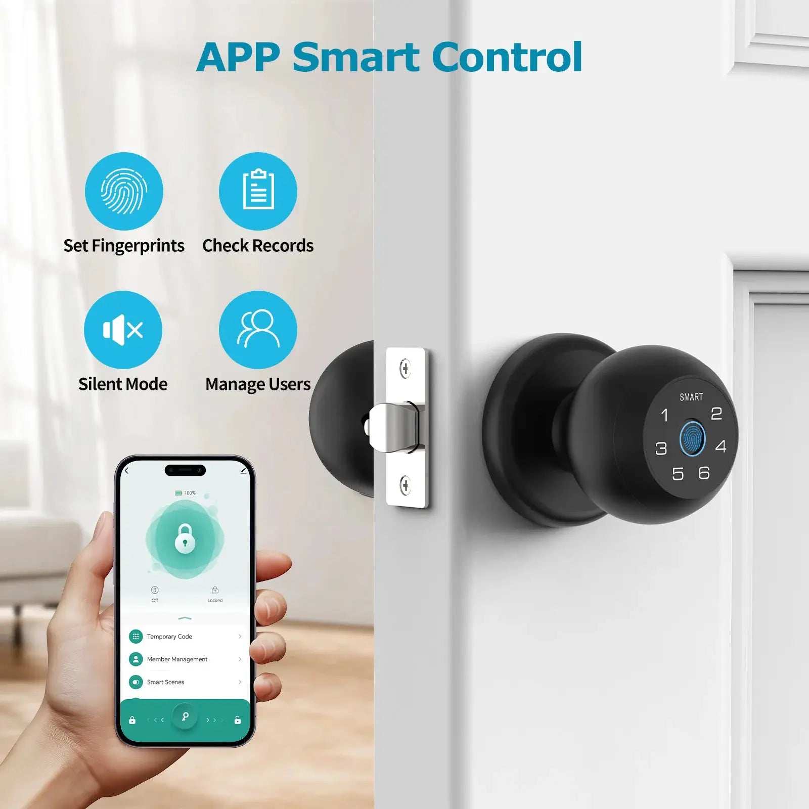 Viladepot ball-shaped smart door lock with fingerprint sensor and touchscreen keypad, app control