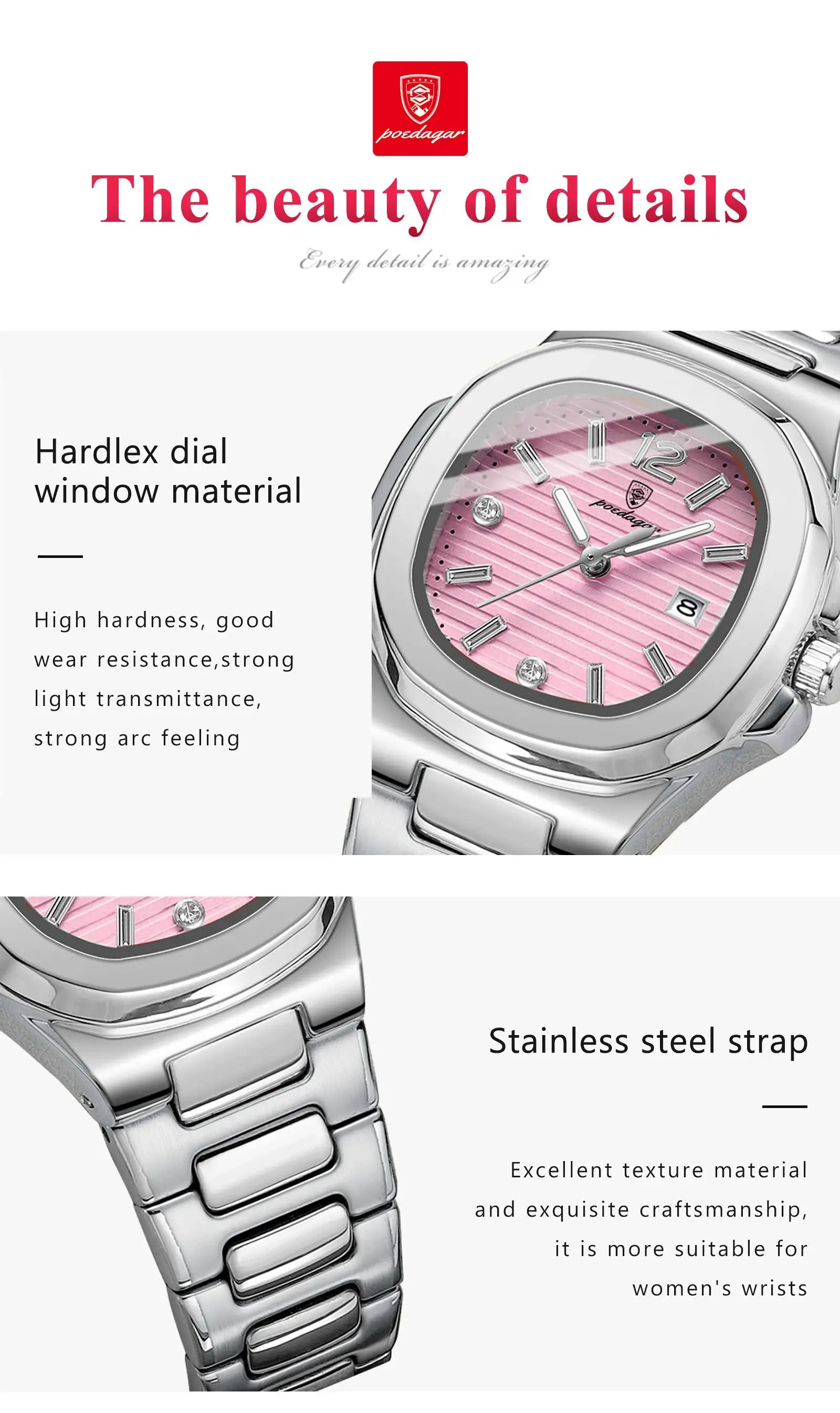 POEDAGAR wristwatch, 2 pieces, pink dial with date window, stainless steel band, luminous hands