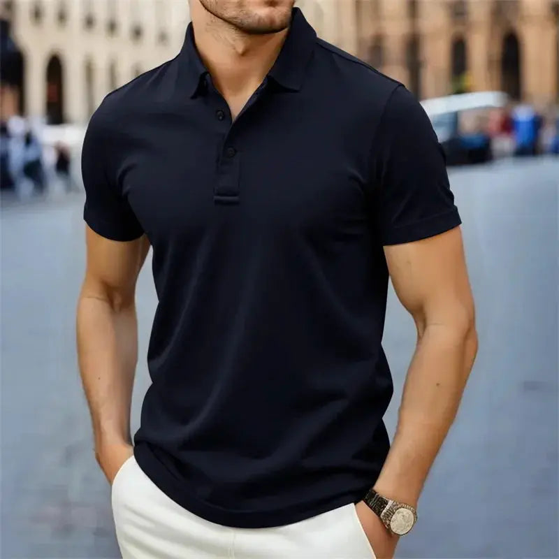 Men's navy polo shirt with short sleeves and collar, casual versatile top