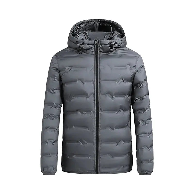 Men's gray duck-down hooded puffer jacket, warm winter coat