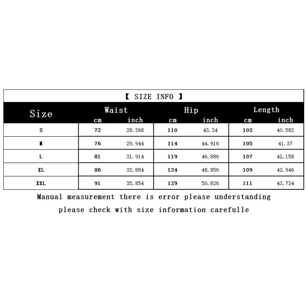 Men's cargo pants size chart showing waist, hip and length measurements from S to XXL