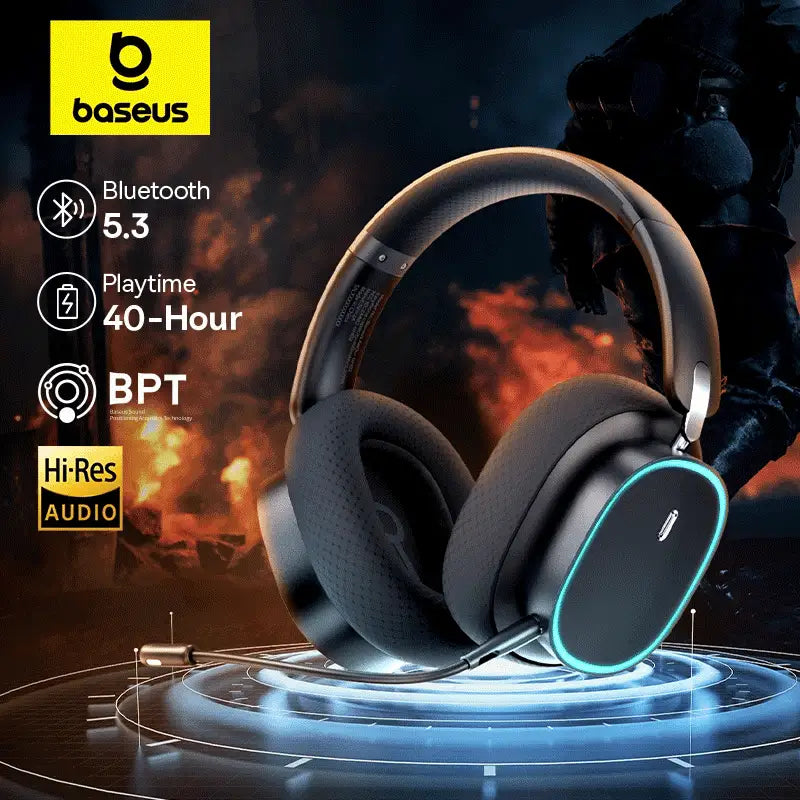 Baseus GH02 gaming wireless headset with mic, over-ear design, RGB-lit cups, Bluetooth 5.3