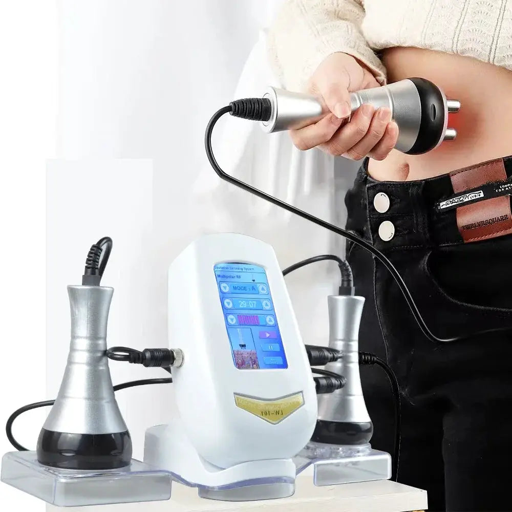40K 3-in-1 Cavitation Body Slimming Machine by Simples Market with white body, blue touchscreen, handheld wand