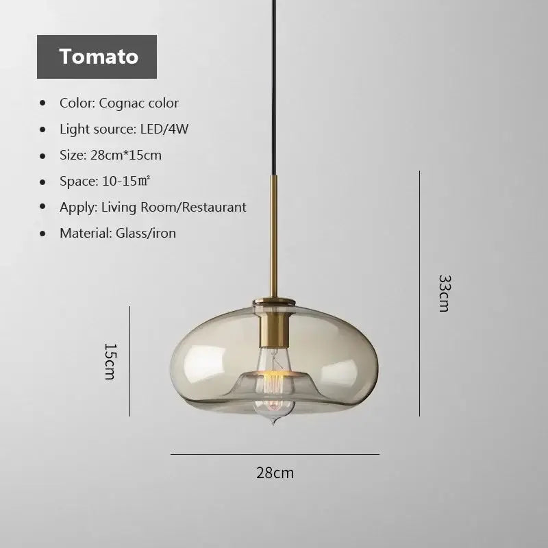Nordic LED glass chandelier pendant light with cognac-colored shade and brass stem