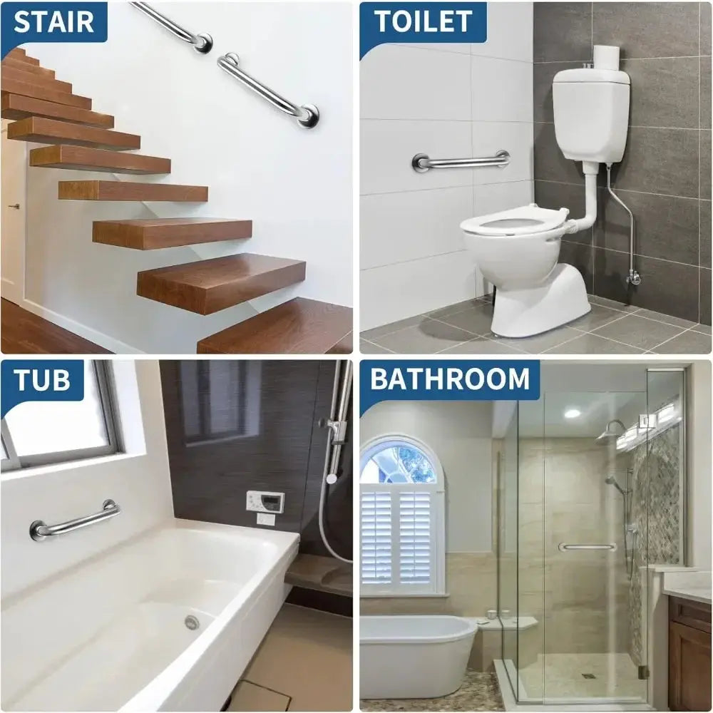 Stainless steel anti-slip shower safety grab bars and towel rack, 4-piece bathroom rails for tub, toilet, shower, stairs.