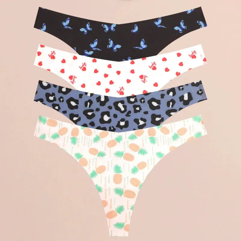 FINETOO 4-pack women's ultra-soft seamless thongs set in butterfly, heart, leopard, and pineapple prints