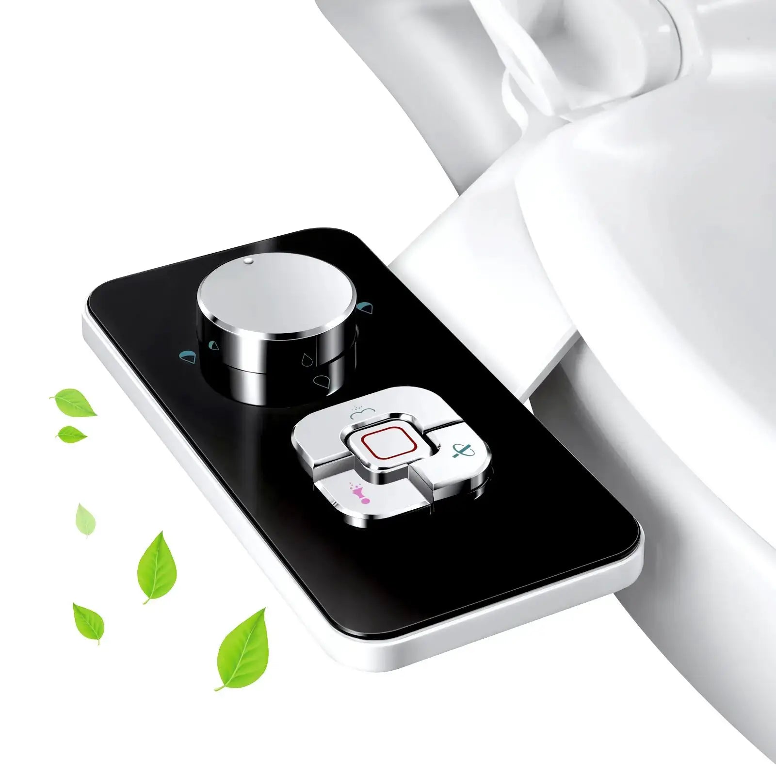 SAMODRA bidet attachment control panel on a black glossy surface with a large chrome dial by Simples Market