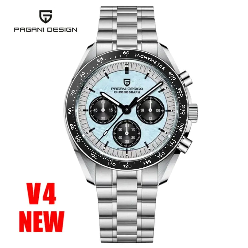Pagani Design stainless steel chronograph watch with light blue dial, tachymeter bezel and black subdials