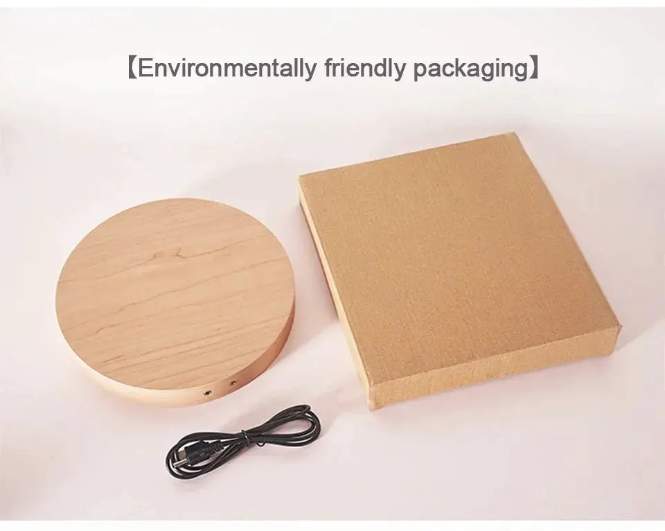 LED digital wall clock with round wood finish base, USB power cable, and packaging box (3 items)